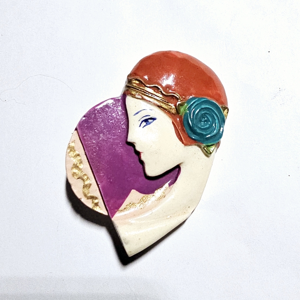 Flapper girl purple moon art deco art Nouveau 1920s vintage colorful clay brooch